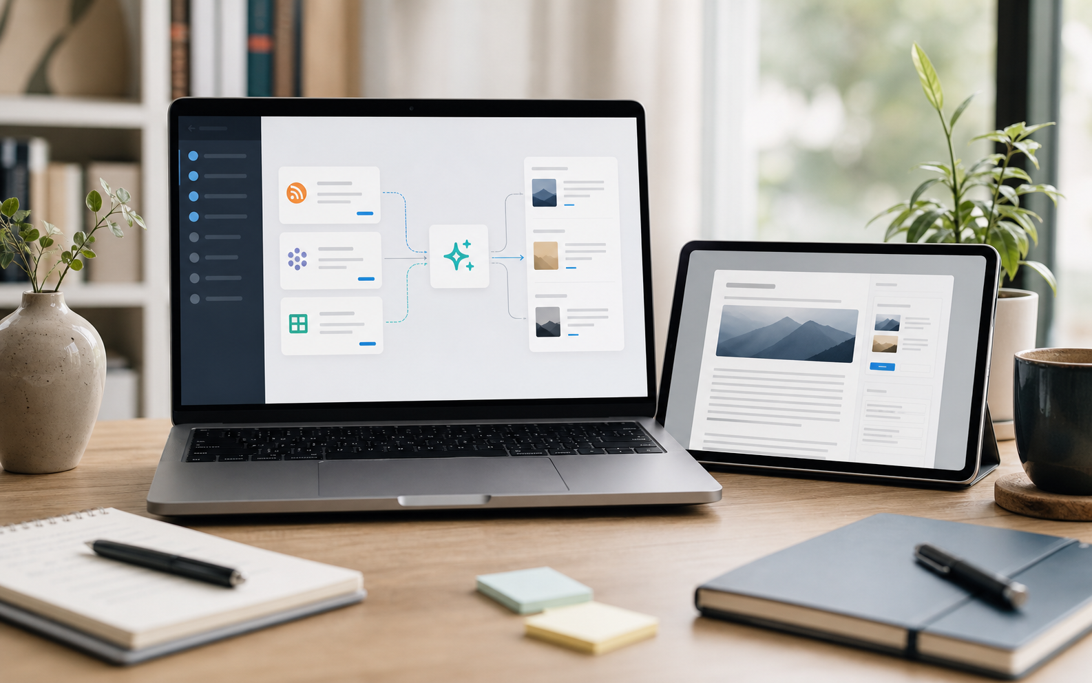 Przepływ SyndiScribe AI od źródła treści do szkicu WordPress
